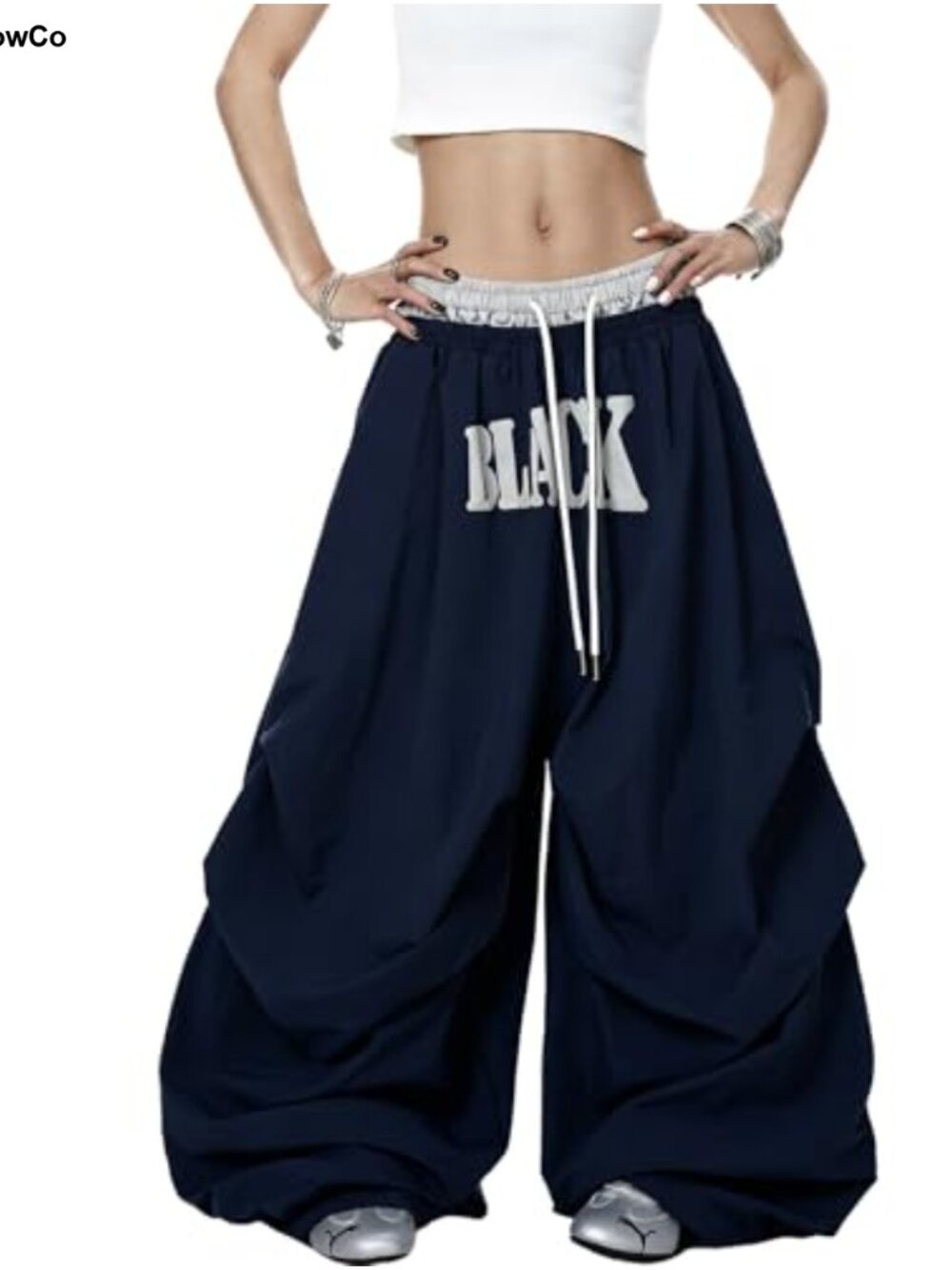 Women's Retro High Waisted Wide Leg Drawstring Parachute Pants - Picture 2 of 6